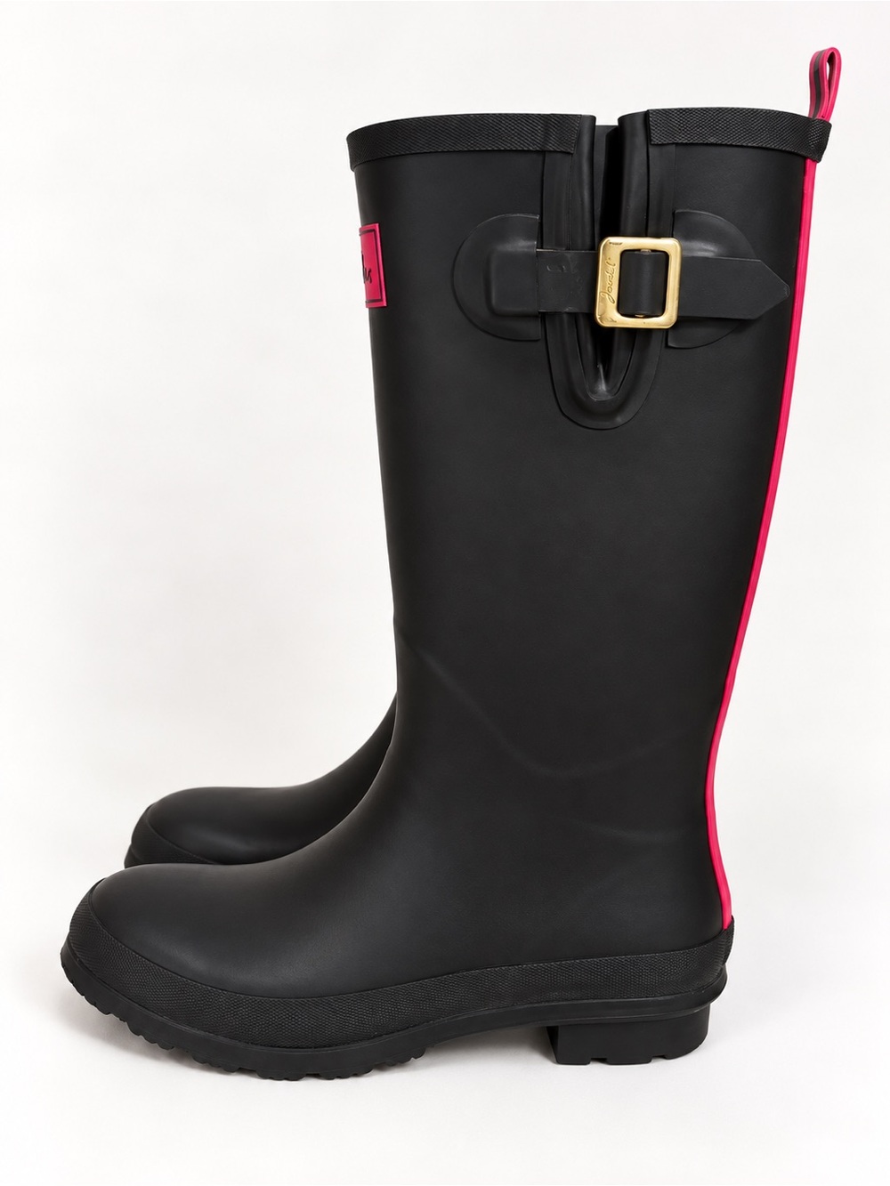 Joules Women’s Black Heavy Rubber Rain Round Tow Boots Pink Stripe Gold Buckle 8